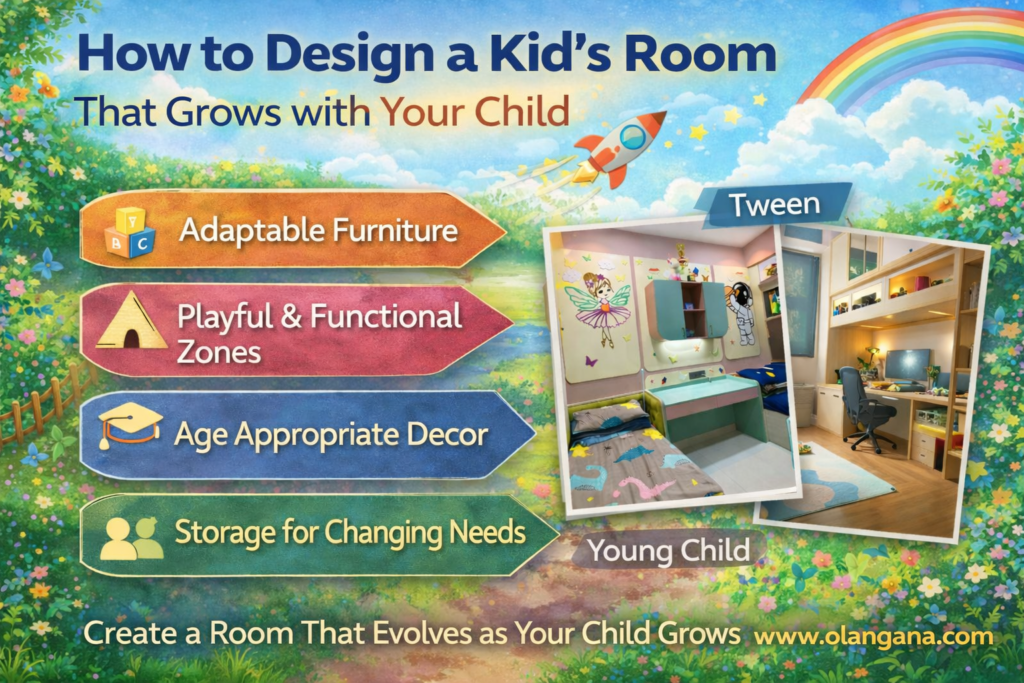 Kids room interior design ideas that grow with your child featuring adaptable furniture playful decor storage solutions and colorful child friendly bedroom interior