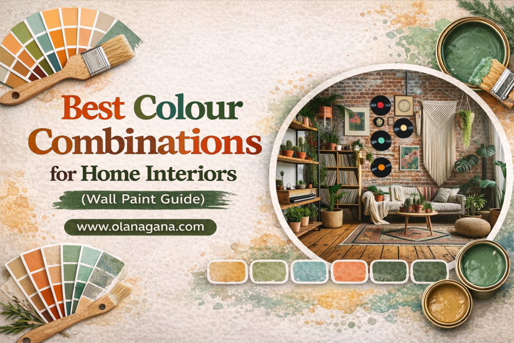 Best colour combinations for home interiors wall paint guide thumbnail featuring modern interior design, colour palette samples, paint brush and stylish home decor inspiration