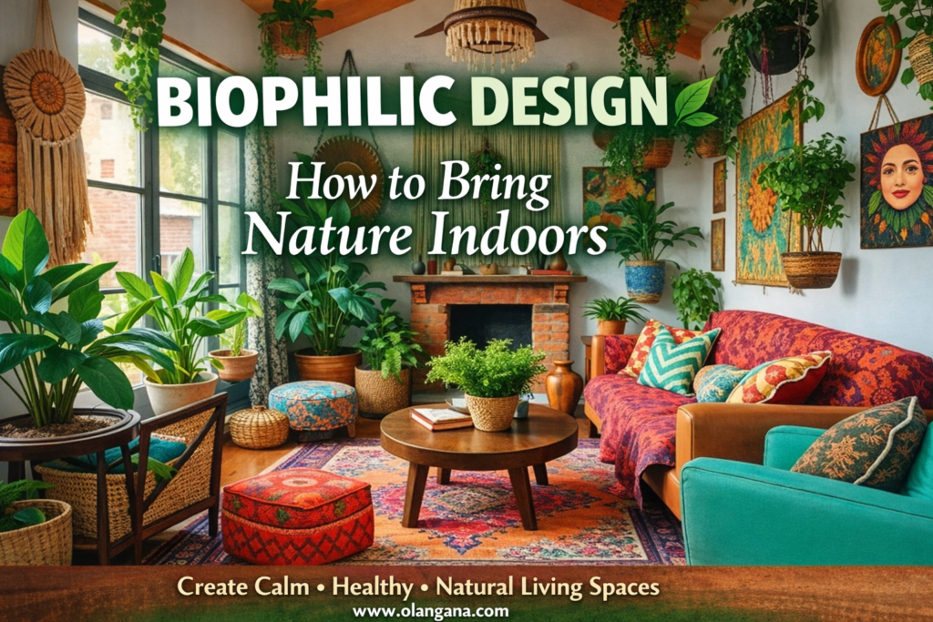 Biophilic interior design living room with indoor plants, natural sunlight, wooden furniture, eco friendly home decor, nature inspired modern interior design