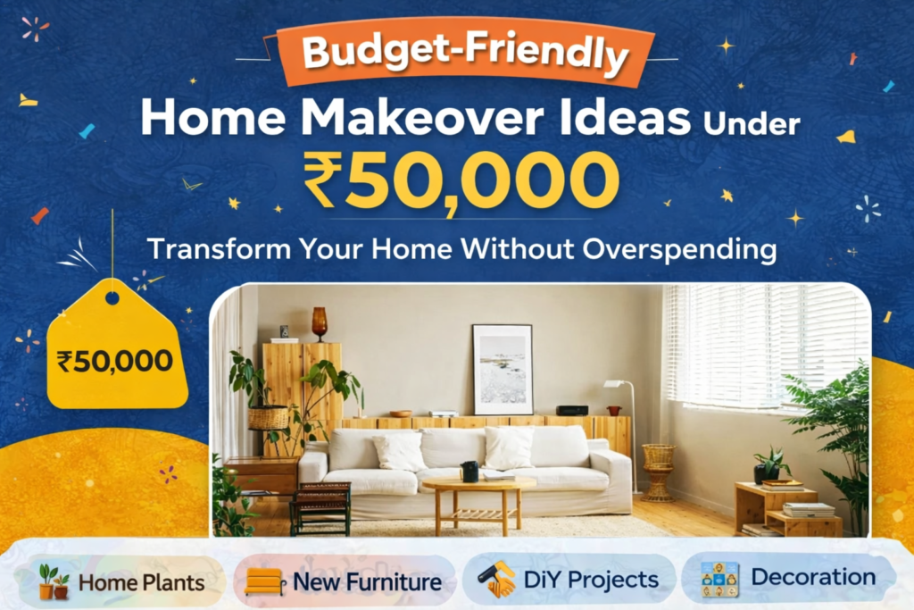 Budget-Friendly Home Makeover Ideas Under ₹50,000 modern living room interior design with plants wooden furniture and minimalist decor affordable home renovation ideas India