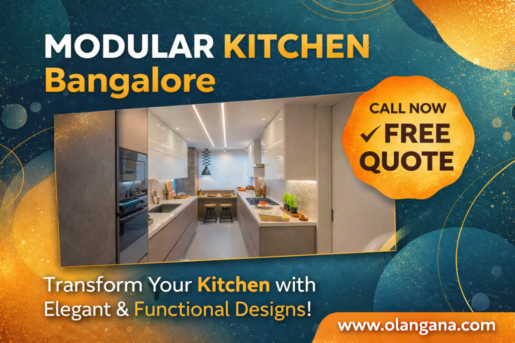 Modular Kitchen Bangalore modern interior design with stylish cabinets, smart storage solutions and elegant layout by Olangana interior designers