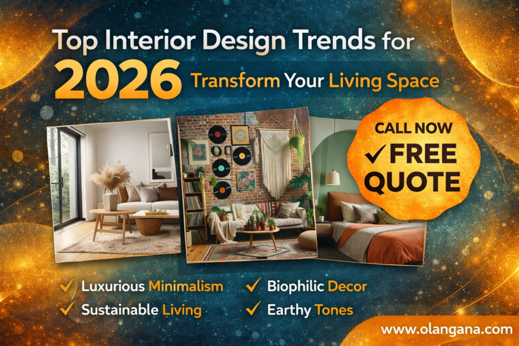 Top interior design trends for 2026 modern living room ideas featuring minimalist decor, biophilic design, sustainable materials and earthy color palette by Olangana interior designers