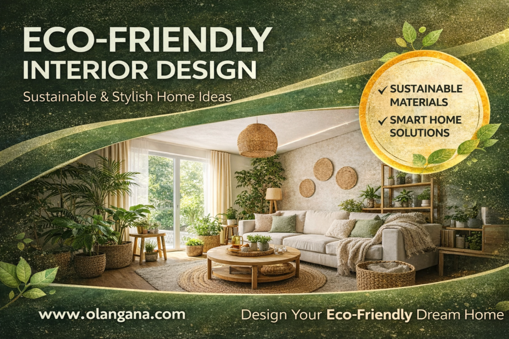 Eco-friendly interior design living room with indoor plants, natural materials, wooden furniture and sustainable home decor ideas
