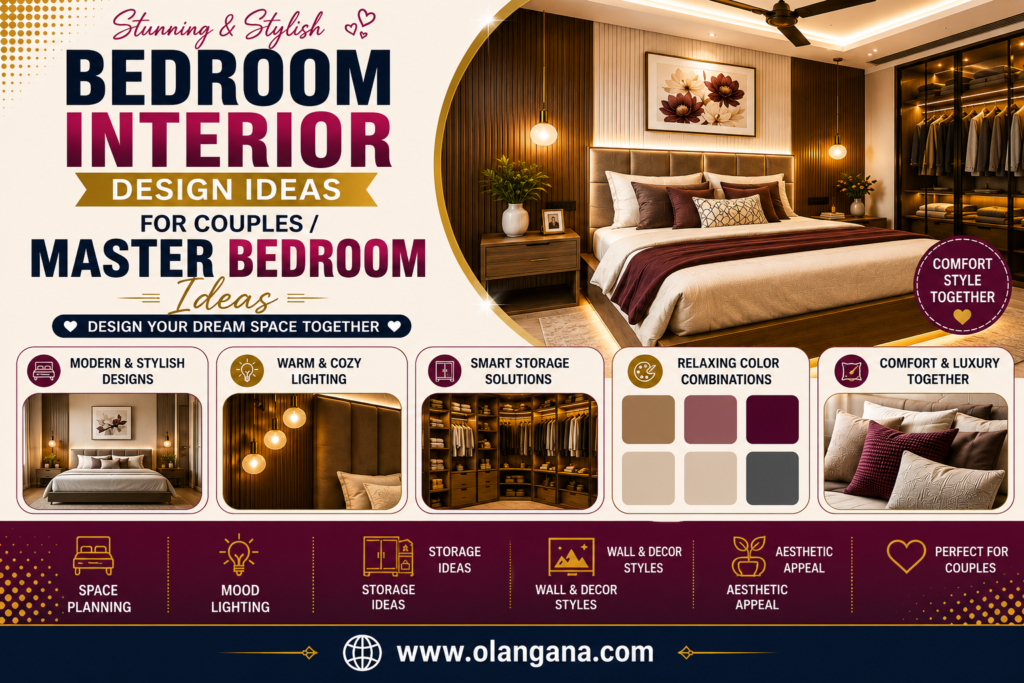Luxury master bedroom interior design ideas for couples with modern lighting, smart storage, cozy decor, and stylish bedroom setup.