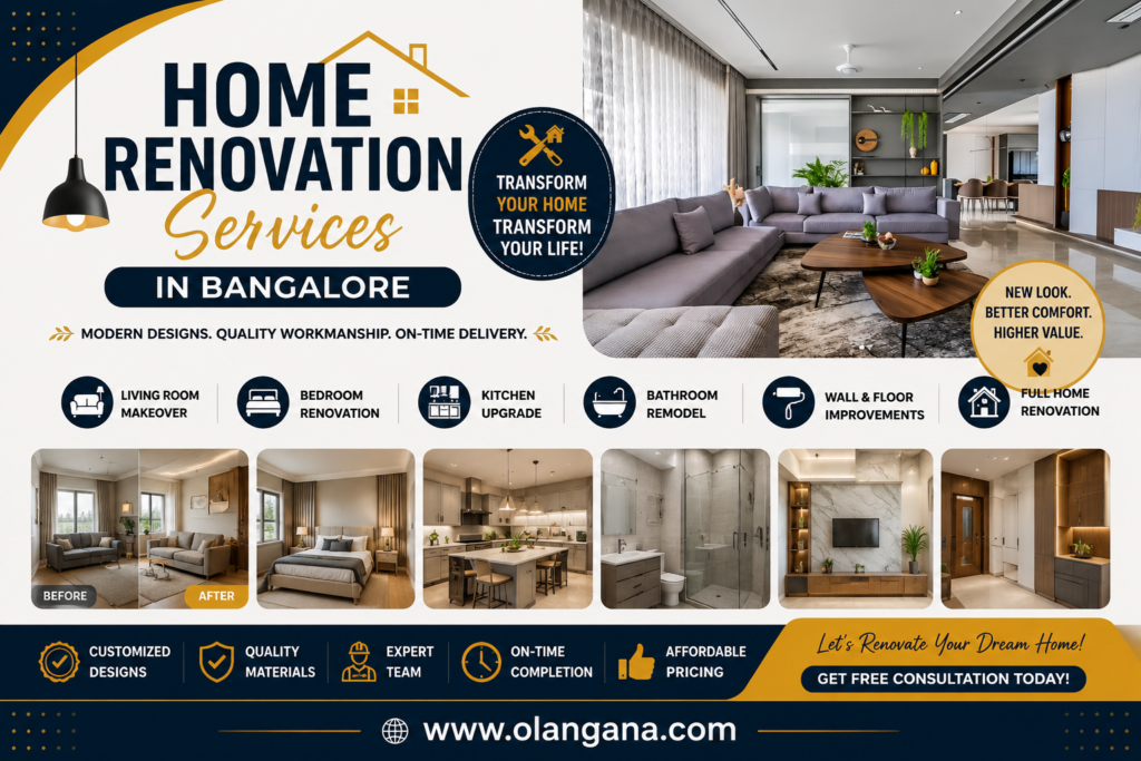 Home Renovation Services in Bangalore poster showcasing modern living room makeover, kitchen renovation, bedroom remodeling, bathroom upgrades, and complete home renovation solutions.