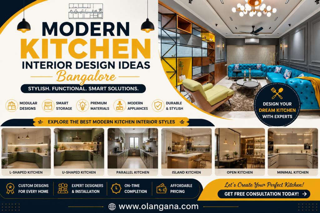 Modern kitchen interior design ideas in Bangalore with modular kitchen layouts, smart storage solutions, premium finishes, island kitchen concepts, and contemporary kitchen interiors for modern homes.