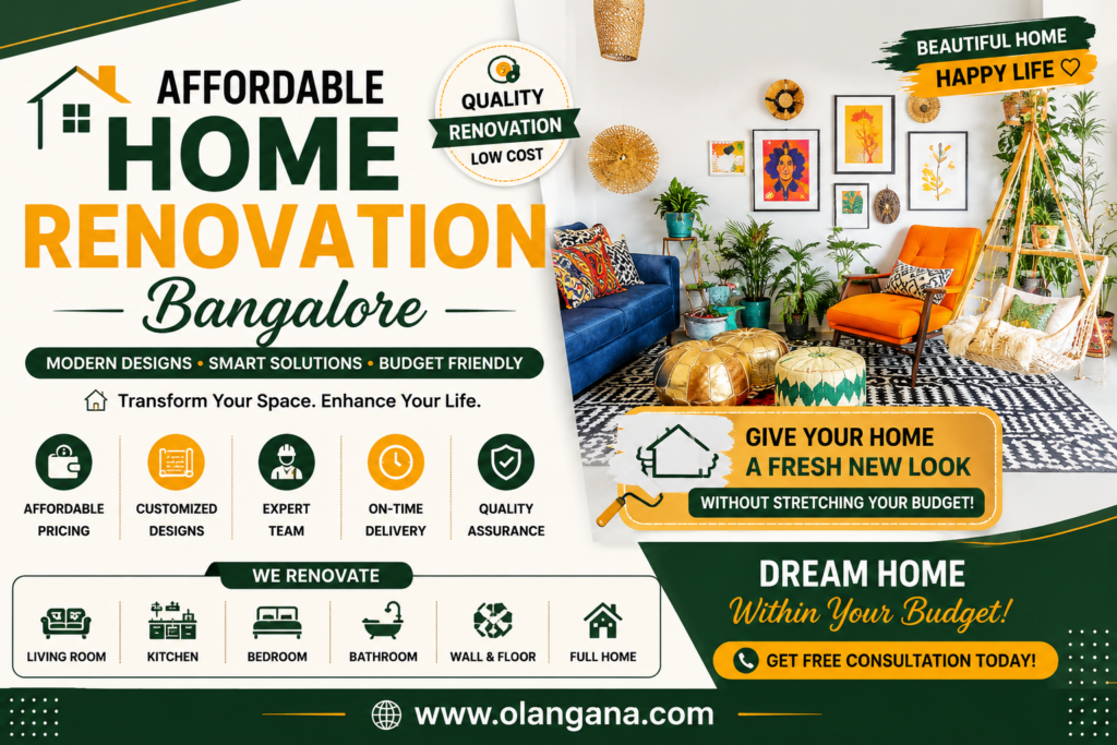 Affordable home renovation Bangalore poster featuring modern living room makeover, budget-friendly interior renovation, stylish home interiors, and customized renovation solutions.