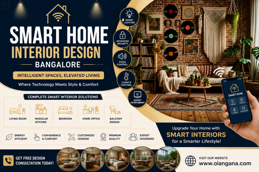 Smart Home Interior Design Bangalore poster showcasing automated lighting, voice control, modular interiors, and modern smart living room design.