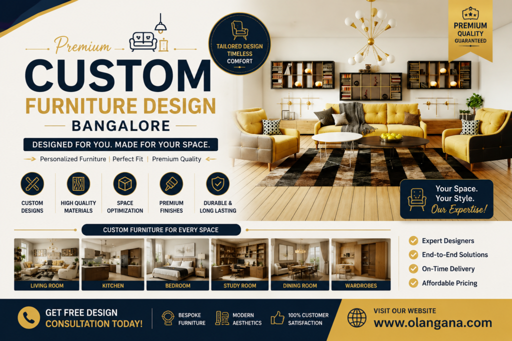 Custom Furniture Design Bangalore poster showcasing modern living room furniture, customized interiors, premium materials, and stylish home furniture solutions.