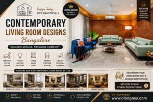 Contemporary living room designs Bangalore with modern furniture, elegant lighting, premium interiors, and stylish decor by Olangana.