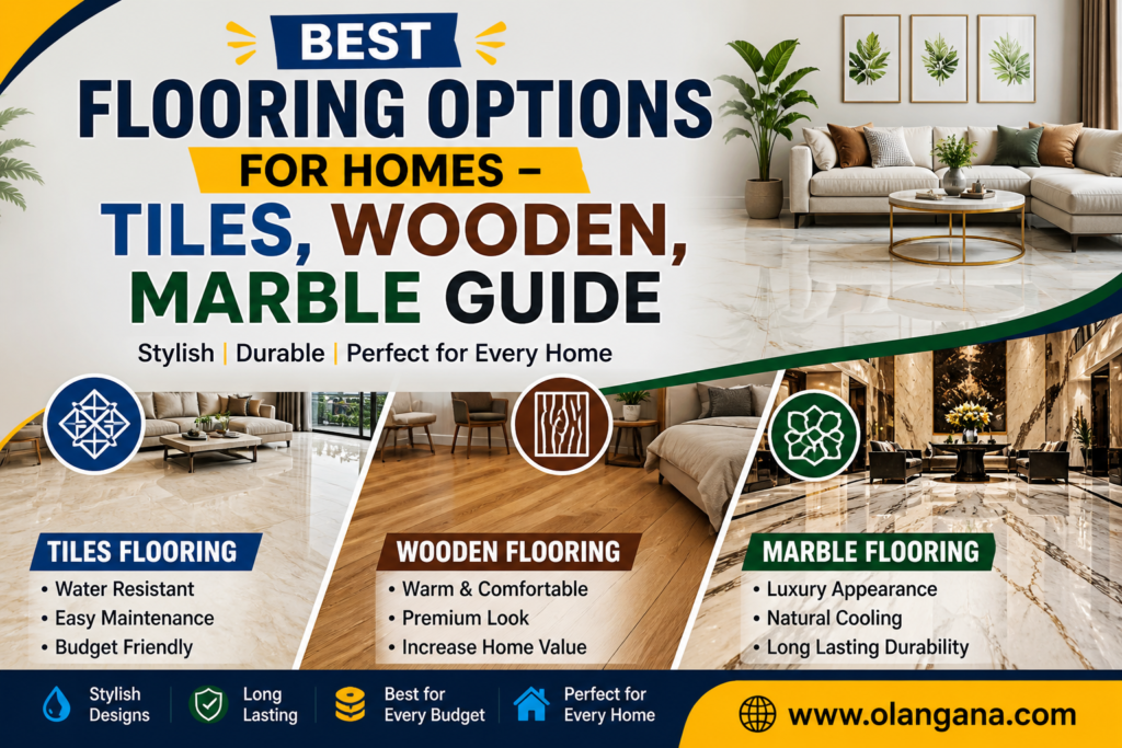 Modern flooring comparison poster showcasing tiles flooring, wooden flooring, and marble flooring ideas for stylish home interiors by Olangana Design.
