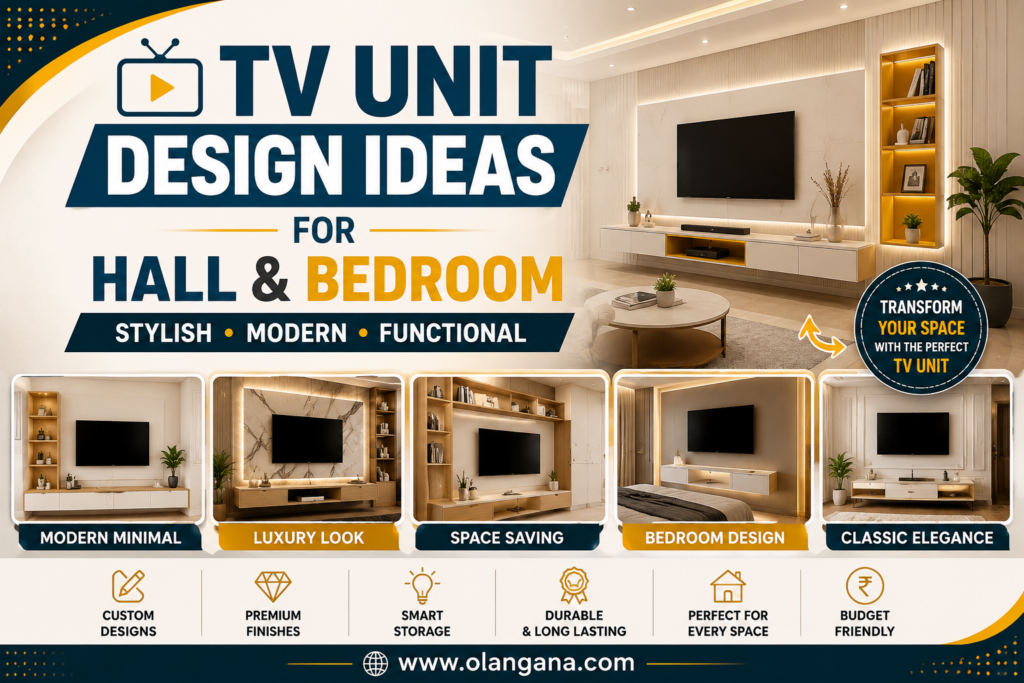 Modern TV unit design ideas for hall and bedroom featuring stylish wall-mounted TV panels, luxury wooden finishes, smart storage solutions, and elegant interior decor by Olangana Design.