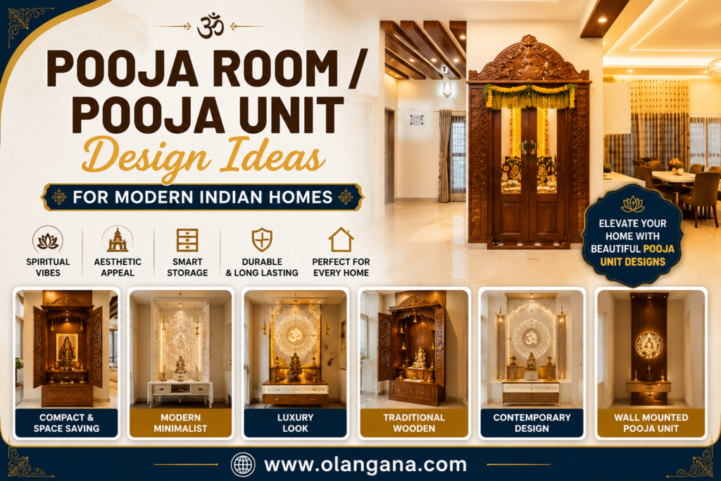 Modern Indian pooja room and pooja unit design ideas featuring traditional wooden mandir designs, contemporary pooja units, wall-mounted temples, and luxury spiritual interiors by Olangana Design.
