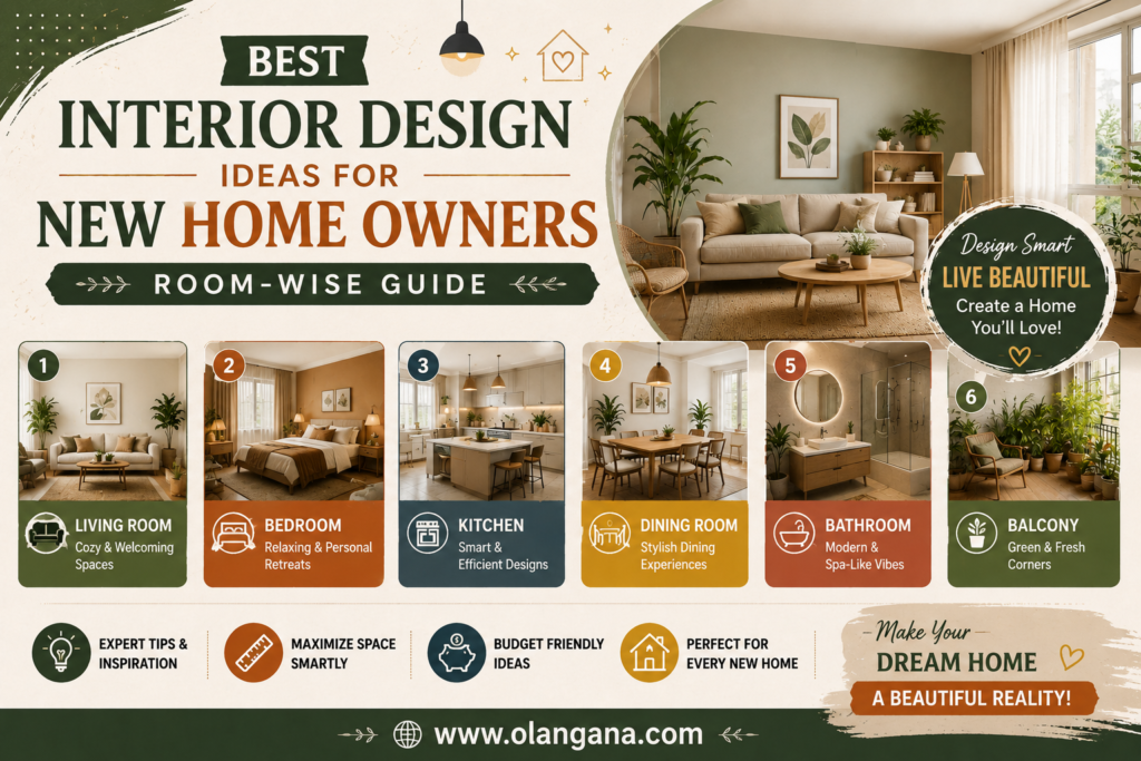 Modern infographic poster showcasing the best interior design ideas for new home owners with room-wise inspiration for living room, bedroom, kitchen, dining room, bathroom, and balcony designs in earthy green and beige tones.