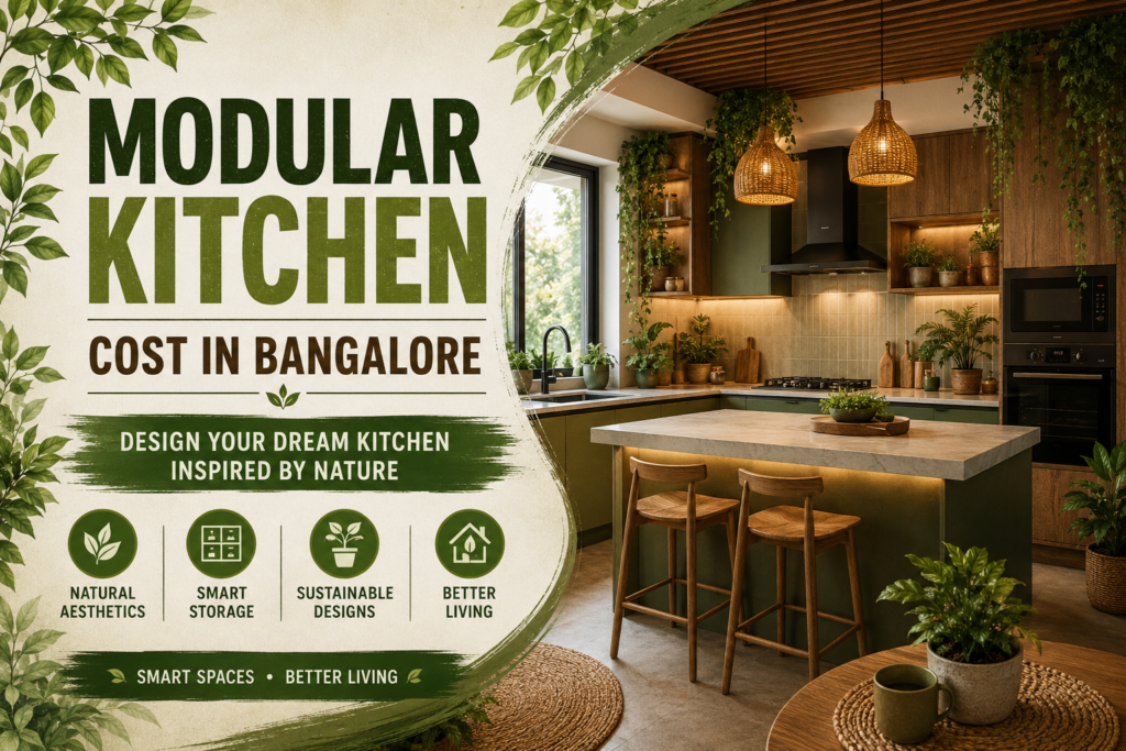Modern modular kitchen cost in Bangalore featuring biophilic interior design, smart storage solutions, sustainable materials, and contemporary kitchen layouts for Bangalore homes.