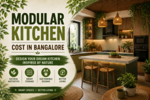 Modern modular kitchen cost in Bangalore featuring biophilic interior design, smart storage solutions, sustainable materials, and contemporary kitchen layouts for Bangalore homes.