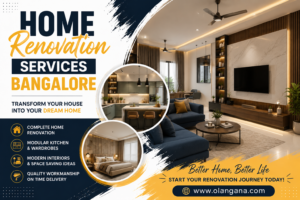 Luxury home renovation services in Bangalore featuring modern living room, modular kitchen, custom wardrobe design, and complete home interior makeover.