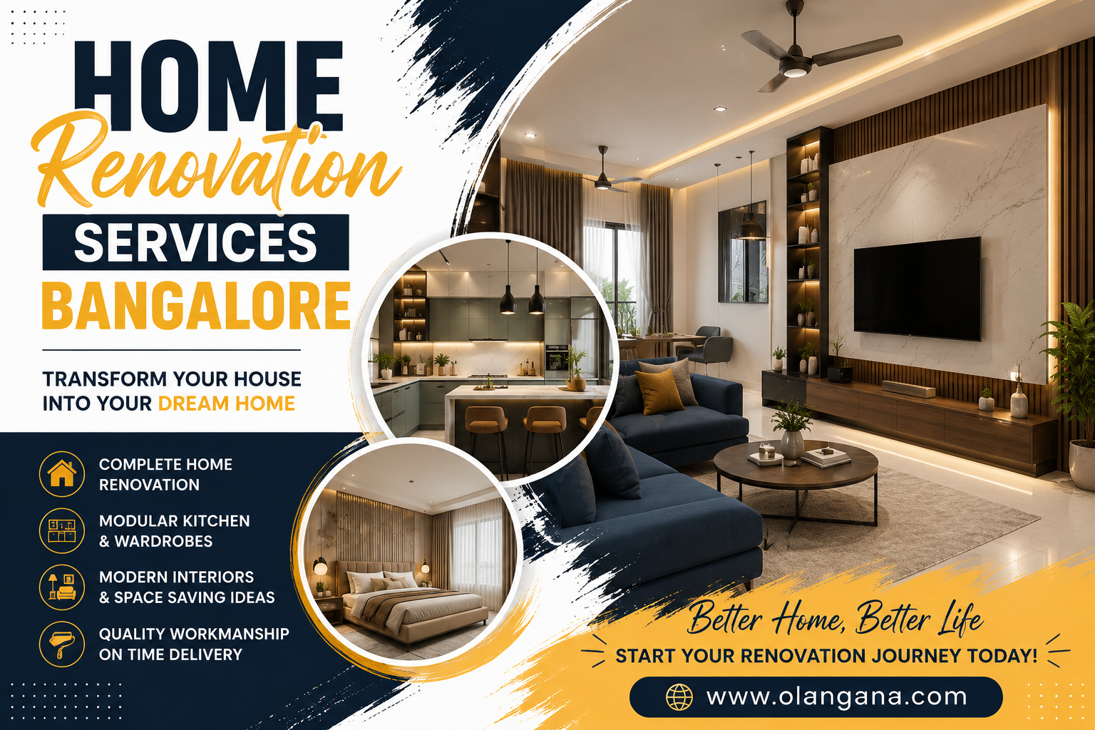 Luxury home renovation services in Bangalore featuring modern living room, modular kitchen, custom wardrobe design, and complete home interior makeover.
