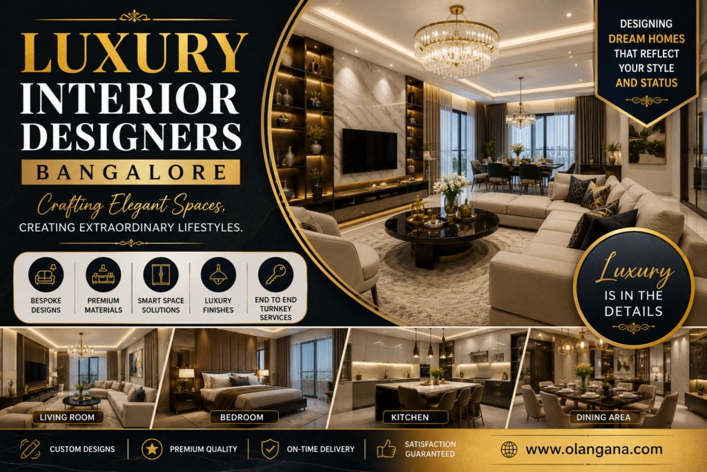 Luxury Interior Designers Bangalore creating premium living rooms, designer bedrooms, luxury modular kitchens, dining spaces, and custom home interiors.