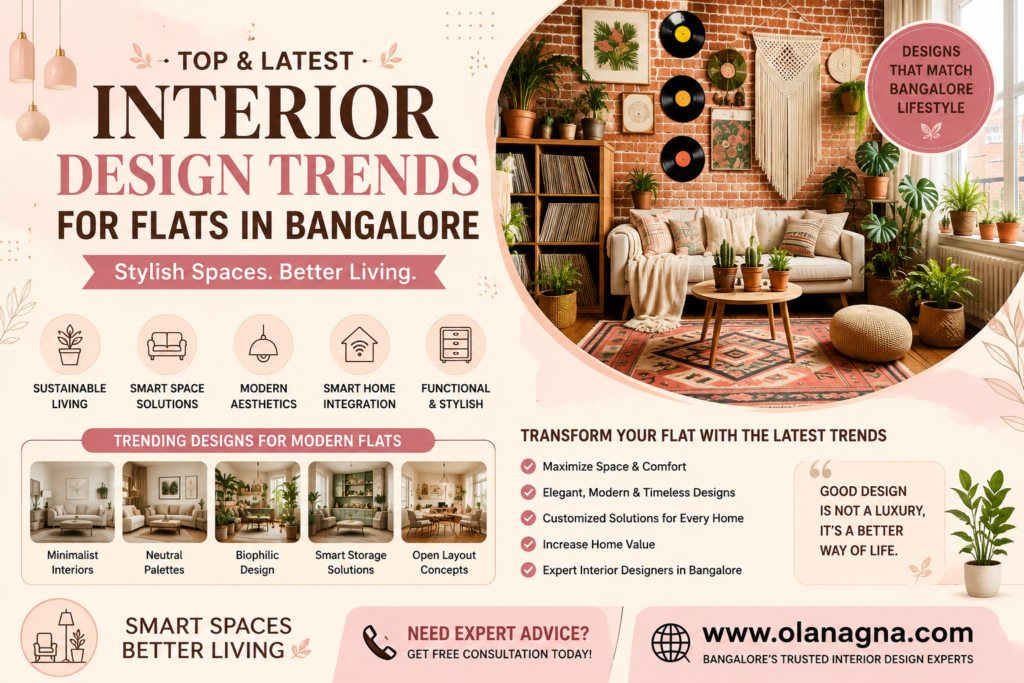 Interior design trends for flats in Bangalore featuring biophilic interiors, smart storage solutions, sustainable living, modern apartment design, and contemporary home decor.