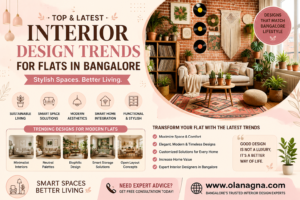 Interior design trends for flats in Bangalore featuring biophilic interiors, smart storage solutions, sustainable living, modern apartment design, and contemporary home decor.