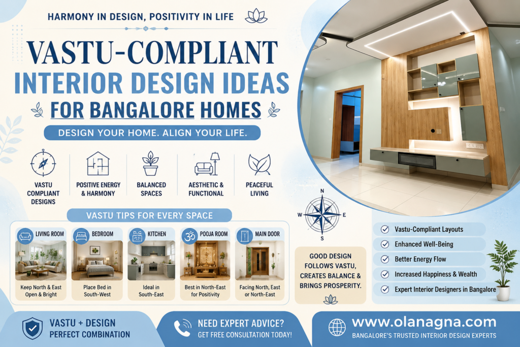 Vastu-compliant interior design ideas for Bangalore homes featuring balanced layouts, positive energy spaces, modern interiors, vastu-friendly living room, bedroom, kitchen, and pooja room design.