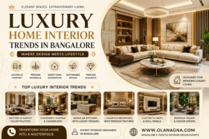 Luxury home interior trends in Bangalore featuring premium living room design, designer chandelier, smart home integration, elegant furniture, marble finishes, and modern luxury interiors.