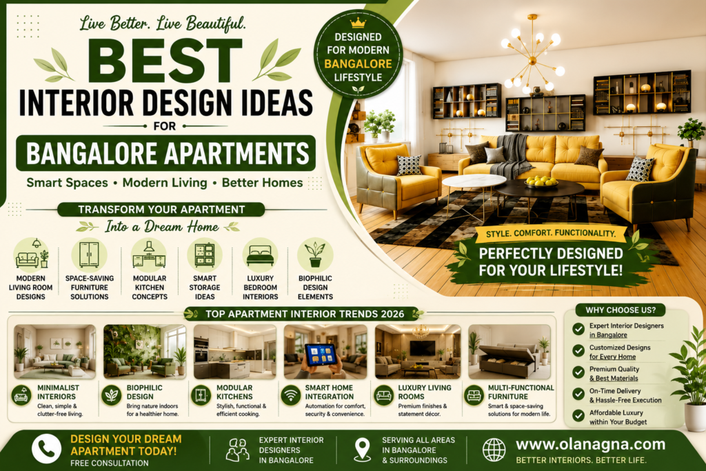 Best interior design ideas for Bangalore apartments featuring modern living room interiors, modular kitchens, smart storage solutions, biophilic design, luxury living spaces, and multifunctional furniture.