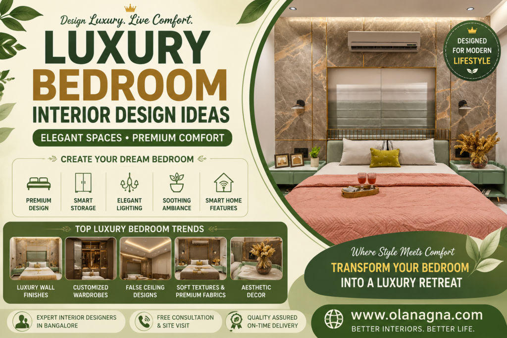 Luxury bedroom interior design ideas featuring premium wall finishes, customized wardrobes, elegant lighting, smart storage solutions, and modern luxury interiors in Bangalore homes.